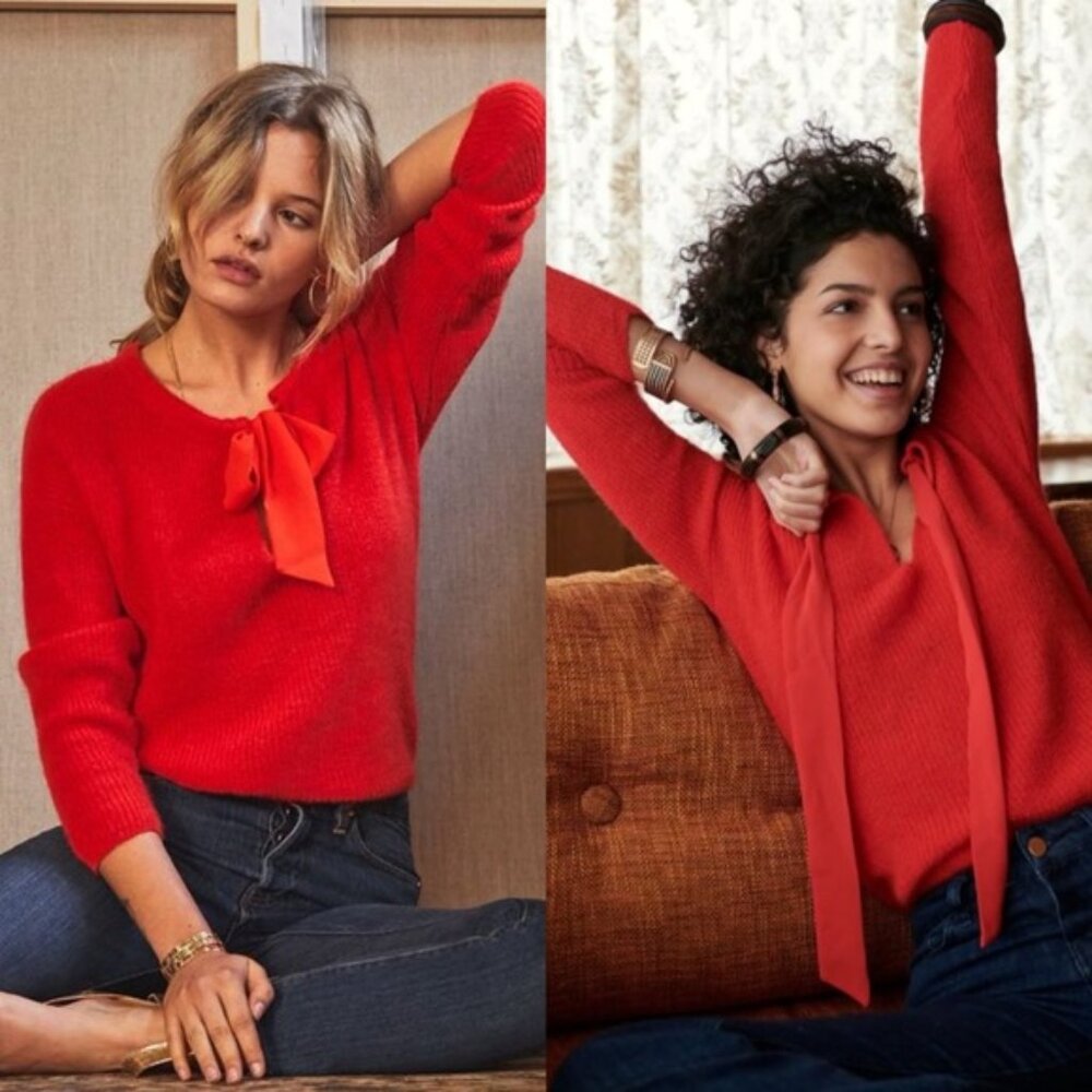 Sezane Cooper Mohair Alpaca Tie Neck Sweater Red Womens Size Medium‎ French Knit